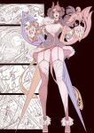  1girl asymmetrical_bangs boots breasts brown_hair bug butterfly china_dress chinese_clothes cleavage cleavage_cutout clothing_cutout dress eyelashes fur-trimmed_boots fur_trim garter_straps glasses gwen_(league_of_legends) hair_ornament highres jun_wu_mo large_breasts league_of_legends lingerie long_sleeves looking_at_viewer mandarin_collar open_mouth panties red-framed_eyewear red_boots red_butterfly red_eyes scissors solo thick_thighs thighs tongue tongue_out underwear 