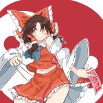  1girl ascot between_fingers blue_ascot blush bow brown_eyes brown_hair closed_mouth commentary_request detached_sleeves frilled_bow frilled_hair_tubes frilled_skirt frills hair_bow hair_tubes hakurei_reimu highres holding long_hair looking_at_viewer midriff_peek navel needle ofuda ofuda_between_fingers red_bow red_skirt ribbon-trimmed_sleeves ribbon_trim skirt skirt_set solo tatutaniyuuto throwing_needles touhou yin_yang 