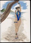  1girl absurdres arm_up armpits beach belly_chain blue_one-piece_swimsuit braid braided_hair_rings branch breasts brown_eyes chun-li cleavage double_bun eating flower food food_in_mouth gold_trim hair_bun hair_flower hair_ornament hair_rings highleg highleg_one-piece_swimsuit highres holding holding_branch holding_food holding_popsicle jewelry liutao850118 looking_at_viewer ocean official_alternate_costume official_alternate_hairstyle one-piece_swimsuit popsicle popsicle_in_mouth sandals solo street_fighter street_fighter_6 swimsuit thighlet thighs toned toned_female water 