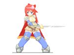  1girl armor armored_boots blue_eyes blue_thighhighs boots bow breasts cape closed_mouth commentary_request frown full_body hair_bow holding holding_sword holding_weapon long_hair looking_afar looking_to_the_side lord_knight_(ragnarok_online) lowres medium_breasts miniskirt pauldrons pink_hair pixel_art rafoll ragnarok_online red_bow red_cape shirt shoulder_armor simple_background skirt sleeveless sleeveless_shirt solo sword thighhighs v-shaped_eyebrows weapon white_background yellow_shirt yellow_skirt 