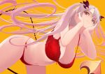  1girl bra breasts cleavage closed_mouth commentary_request cowboy_shot dc24v demon_girl demon_tail from_below gradient_hair grey_hair horns indie_virtual_youtuber lace lace_bra lace_panties large_breasts lingerie long_hair looking_at_viewer multicolored_hair navel orange_background orange_eyes panties pink_hair red_bra red_horns red_panties smile solo suou_patra tail twintails underwear underwear_only very_long_hair virtual_youtuber 