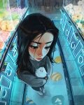  1girl arcade bird black_eyes black_hair chair crane_game fisheye from_above frown full_body grey_sweater highres holding holding_stuffed_toy jewelry long_hair necklace neon_lights original reflective_floor sam_yang shell shell_print shoes sneakers solo stuffed_toy sweater tile_floor tiles wooden_chair 