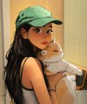  1girl animal baseball_cap black_hair brown_eyes cat earrings golden_british_shorthair green_hat hair_brush hair_over_shoulder hat highres holding holding_animal jewelry long_hair looking_at_self original sam_yang shirt sleeveless sleeveless_shirt spaghetti_strap sparkling_eyes stud_earrings tile_wall tiles very_long_hair wavy_hair 