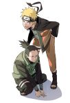  2boys absurdres black_eyes black_hair black_pants black_shirt blonde_hair blue_eyes cigarette facial_mark forehead_protector full_body green_vest hand_in_pocket highres holding holding_cigarette jacket konohagakure_shinobi_uniform konohagakure_symbol long_sleeves looking_at_viewer male_focus multiple_boys nara_shikamaru naruto_(series) naruto_shippuuden open-toe_boots open_clothes open_jacket orange_pants pants pnpk_1013 ponytail shirt short_ponytail smile spiked_hair squatting twitter_username uzumaki_naruto vest whisker_markings 
