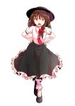  1girl alphes_(style) armlet asymmetrical_hair black_shoes black_skirt bobby_socks bow brown_hair collared_shirt commentary_request dairi dress_shirt fedora flats frilled_skirt frills full_body hair_bow hands_on_own_hips hat jewelry large_variant_set long_hair long_skirt long_sleeves looking_at_viewer necktie parody puffy_long_sleeves puffy_sleeves red_bow red_necktie shirt shoes skirt socks solo standing style_parody tachi-e tareme touhou transparent_background usami_renko variant_set white_shirt white_socks 