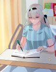  1girl absurdres bed black_hairband black_ribbon blood blood_bag book crying crying_with_eyes_open english_text firefly_(honkai:_star_rail) grey_hair hair_between_eyes hair_intakes hair_ornament hair_ribbon hairband highres holding holding_pencil honkai:_star_rail honkai_(series) hospital_bed hospital_gown long_hair mechanical_pencil pencil ribbon solo striped_clothes tears thevarnese vertical-striped_clothes writing 