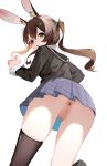  1girl absurdres amiya_(arknights) animal_ear_fluff animal_ears anus aqua_eyes aqua_ribbon arknights ass asymmetrical_legwear black_sailor_collar black_shirt black_thighhighs blush brown_hair censored censored_anus chinese_commentary commentary_request double-parted_bangs feet_out_of_frame film_grain foot_up from_behind grid_print hair_between_eyes hair_ribbon hand_up highres long_bangs long_hair looking_at_viewer looking_back mosaic_censoring no_panties no_tail parted_lips ponytail purple_skirt pussy rabbit_ears rabbit_girl ribbon sailor_collar school_uniform serafuku shenmi_de_xigua shirt simple_background single_thighhigh skirt solo standing thighhighs turning_head upskirt variant_set white_background 