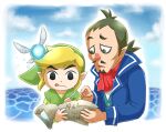  2boys anniversary aogaeru_(pixiv46613656) ascot beard black_eyes blonde_hair blue_coat brown_hair ciela cloud coat dated day facial_hair fairy green_hat green_tunic hat highres linebeck link long_sleeves male_focus multiple_boys pointy_ears red_ascot red_nose sidelocks the_legend_of_zelda the_legend_of_zelda:_phantom_hourglass tongue tunic upper_body vest water 