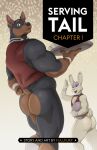 absurd_res anthro blake_harper_(thepurp) bottomless bottomless_male butt canid canine canis claws clothed clothing cover cover_art cover_page cuffs_(clothing) dobermann domestic_dog duo finn_(thepurp) hi_res lagomorph leporid looking_back male mammal muscular muscular_male nub_tail pinscher rabbit serving_tray thepurp topwear topwear_only vest vest_only 