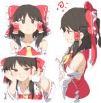  1girl absurdres ascot blush bow brown_hair chest_sarashi closed_mouth commentary_request crossed_arms csham cup detached_sleeves frilled_bow frilled_hair_tubes frills gohei hair_bow hair_tubes hakurei_reimu hand_on_own_cheek hand_on_own_face highres holding holding_cup long_hair looking_at_viewer multiple_views open_mouth red_bow red_skirt sarashi skirt skirt_set smile sweat touhou yellow_ascot 