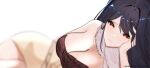  1girl black_hair breasts cleavage hand_on_own_face long_hair looking_at_viewer lying red_eyes scarf solo 