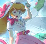  1girl bandana blonde_hair blue_eyes blush breasts cleavage earrings hat highres jewelry long_hair long_skirt looking_at_viewer mario_(series) mario_kart mario_kart_world medium_breasts official_alternate_costume one_eye_closed open_clothes open_mouth pink_bandana pink_skirt princess_peach princess_peach_(vacation) puffy_short_sleeves puffy_sleeves saiwo_(saiwoproject) shirt short_sleeves skirt smile solo sphere_earrings sun_hat super_mario_odyssey teeth white_shirt 