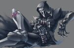  1boy armored_boots black_coat black_gloves black_pants black_shirt boots cenjun9 chinese_commentary coat commentary_request cosplay foot_out_of_frame gauntlets gloves grey_background guillotine_cross_(ragnarok_online) guillotine_cross_(ragnarok_online)_(cosplay) hood hood_up hooded_coat male_focus mask masked overwatch pants ragnarok_online reaper_(overwatch) shirt simple_background sitting solo vial 