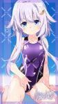  1girl adversarial_noise artist_name blue_background blue_eyes character_name competition_swimsuit covered_navel crescent crescent_hair_ornament flat_chest hair_ornament highres inaba_shiki kantai_collection kneeling long_hair looking_at_viewer one-piece_swimsuit purple_hair purple_one-piece_swimsuit short_hair short_hair_with_long_locks solo swimsuit two-tone_swimsuit watermark watermark_grid yayoi_(kancolle) 