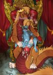 abdominal_bulge absurd_res anal anal_penetration animal_genitalia anthro anthro_on_anthro anthro_penetrated anthro_penetrating anthro_penetrating_anthro balls beard blue_balls blue_body blue_eyes blue_fur blue_hair blue_perineum blue_sheath bodily_fluids canid canine chair cheek_tuft chin_tuft chumbasket cum cum_in_ass cum_inside cum_on_tail cum_splatter dragon duo erection facial_hair facial_tuft front_view fur furniture genital_fluids genitals green_eyes grey_body grey_fur hair hi_res inside looking_pleasured male male/male male_penetrated male_penetrating male_penetrating_male mammal mythological_creature mythological_scalie mythology narrowed_eyes nude open_mouth orange_beard orange_body orange_facial_hair orange_hair orange_scales penetration penile penile_penetration penis penis_in_ass penis_tip perineum red_body red_penis red_scales red_tongue scales scalie sex sheath short_hair sitting spread_legs spreading tail throne tongue tongue_out tuft