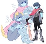  1other :| animal_ear_hairband animal_ears armor black_bodysuit black_hair blue_skin bodysuit bodysuit_under_clothes breastplate cape closed_mouth collar colored_skin deltarune dog_tail expressionless fake_animal_ears full_body greaves hairband hand_on_hilt highres holding holding_sword holding_weapon knees_up korean_text kris_(dark_world)_(deltarune) kris_(deltarune) multiple_views other_focus pauldrons pink_cape red_eyes shaded_face short_hair shoulder_armor simple_background sitting spiked_collar spikes standing sword tail translation_request ttudolee vambraces weapon white_background 