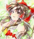  1girl alto2019 bare_shoulders bow brown_eyes brown_hair detached_sleeves hair_ornament hair_tubes hakurei_reimu hand_on_own_neck hand_up highres long_hair looking_at_viewer open_mouth red_bow red_shirt shirt smile solo teeth touhou traditional_media upper_body upper_teeth_only watermark 