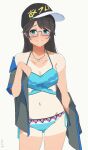  1girl absurdres baseball_cap bikini black_hair blue-framed_eyewear blue_bikini blue_eyes blush breasts cleavage cowboy_shot glasses hat highres idolmaster idolmaster_shiny_colors jewelry long_hair mitsumine_yuika multicolored_bikini navel necklace open_clothes open_mouth open_shirt print_headwear side-tie_bikini_bottom small_breasts smile solo swimsuit tan tanlines translated two-tone_shirt undressing white_background ywr 