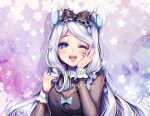  1girl ;d animal_ears artist_name black_bow black_camisole blue_bow blue_eyes blue_flower blush bow breasts camisole commentary commission english_commentary fangs fingernails floral_background flower frilled_bow frilled_sleeves frills hair_bow hair_flower hair_ornament hair_over_shoulder half-closed_eyes hand_on_own_cheek hand_on_own_face hands_up light_particles long_hair long_sleeves looking_at_viewer making-of_available medium_breasts mole mole_under_eye one_eye_closed open_mouth original purple_background sasucchi95 see-through_clothes see-through_shirt shirt simple_background smile solo swept_bangs teeth tongue triangle upper_body upper_teeth_only watermark white_flower white_hair 