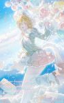  1boy :d absurdres alternate_costume aotu_world aqua_jacket aqua_shirt artist_name balloon blonde_hair blue_eyes blue_leg_warmers blue_sky blush boots bow bowtie box chinese_commentary cloud confetti crossdressing crossdressing_(mtf) dated day english_text foot_out_of_frame frilled_skirt frilled_sleeves frills gift gift_box hair_between_eyes hairband hand_up head_wings heart_balloon highres holding holding_balloon holding_stuffed_toy horse_tail jacket juliet_sleeves kemonomimi_mode king_(aotu_world) leg_warmers light_particles lolita_hairband long_sleeves looking_at_viewer male_focus miniskirt musical_note open_mouth outdoors pink_bow pink_bowtie pink_skirt pleated_skirt plutoray pointy_ears puffy_sleeves ribbon shirt shoes short_hair skirt sky smile solo sparkle stuffed_animal stuffed_toy stuffed_unicorn tail teeth thighhighs trap unicorn_boy unicorn_horn white_boots white_bow white_headdress white_thighhighs wings 