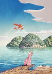  1girl aircraft airplane artist_name bird blue_sky cloud commentary_request day dirt english_commentary from_behind gina_(kurenai_no_buta) hand_on_headwear hat island kurenai_no_buta long_skirt ocean outdoors pink_shirt pink_skirt puffy_short_sleeves puffy_sleeves scenery seaplane shirt short_sleeves skirt sky solo standing sun_hat syntetyc village water watermark white_hat wide_shot 