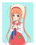  1girl ahoge animal_hat bell blue_ribbon blush_stickers cat_hat cowboy_shot etotama extra_ears hair_ornament hat jingle_bell long_hair long_sidelocks looking_at_viewer naa-tan orange_hair own_hands_clasped own_hands_together paw_print purple_eyes red_sailor_collar red_skirt ribbon sailor_collar shimoyyy sidelocks simple_background skirt smile solo standing twintails wing_hair_ornament 