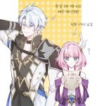  1boy 1girl 46uumm ? ahoge arrow_(symbol) bare_shoulders blue_eyes coat commentary_request cyrene_(honkai:_star_rail) dress gold_tattoo hair_ornament holding holding_paper honkai:_star_rail honkai_(series) korean_commentary korean_text medium_hair neck_tattoo paper phainon_(honkai:_star_rail) pink_hair purple_coat short_hair sweatdrop tattoo translation_request white_coat white_dress white_hair 