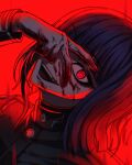  1boy backlighting blood blood_on_face blood_on_ground chamuchai evil_smile gakuran gift_art gloves highres last_defense_academy_school_uniform looking_at_viewer male_focus medium_hair official_alternate_eye_color one_eye_covered purple_hair raining_blood red_background red_eyes school_uniform smile solo the_hundred_line_-last_defense_academy- tsukumo_ima 