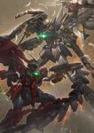 absurdres battle beam_rifle bilingual_commentary brayanong999 buster_rifle commentary_request copyright_name debris dual_wielding energy_gun english_commentary falling_feathers feathers glowing glowing_eyes green_eyes gun gundam gundam_epyon gundam_wing gundam_wing:_endless_waltz highres holding holding_gun holding_weapon lens_flare looking_at_another mecha mecha_focus mechanical_wings mixed-language_commentary mobile_suit no_humans robot science_fiction v-fin weapon whip wing_gundam_zero_custom wings 