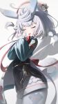  1girl :d absurdres achib animal_ears blue_hair blush bow closed_eyes colored_skin from_side genshin_impact hand_on_own_face hat highres long_sleeves low_twintails medium_hair melusine_(genshin_impact) nurse_cap open_mouth pale_skin puffy_sleeves shorts sigewinne_(genshin_impact) simple_background smile standing twintails white_background white_hat white_skin 