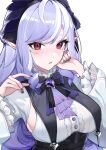  1girl absurdres ahoge ascot black_nails blush bow bowtie breasts center_frills commentary fingernails frilled_shirt frills gem hair_ribbon half_updo highres large_breasts long_hair long_sleeves mole mole_under_eye multicolored_hair nail_polish open_mouth pink_eyes pointy_ears purple_ascot purple_bow purple_bowtie purple_gemstone purple_hair purple_ribbon ribbon rohioart shirt simple_background solo streaked_hair two-tone_hair underbust vivian_banshee white_background white_shirt zenless_zone_zero 
