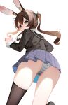  1girl absurdres amiya_(arknights) animal_ear_fluff animal_ears aqua_eyes aqua_ribbon arknights ass asymmetrical_legwear black_sailor_collar black_shirt black_thighhighs blush brown_hair chinese_commentary commentary_request double-parted_bangs feet_out_of_frame film_grain foot_up from_behind grid_print hair_between_eyes hair_ribbon hand_up highres long_bangs long_hair looking_at_viewer looking_back no_tail panties pantyshot parted_lips ponytail purple_skirt rabbit_ears rabbit_girl ribbon sailor_collar school_uniform serafuku shenmi_de_xigua shirt simple_background single_thighhigh skirt solo standing striped_clothes striped_panties thighhighs turning_head underwear upskirt variant_set white_background 