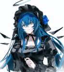  1girl absurdres aqua_eyes arknights black_dress black_ribbon blue_hair chinese_commentary choker closed_mouth commentary_request crossed_bangs dress gothic_lolita grey_halo hair_between_eyes halo highres juliet_sleeves lolita_fashion long_hair long_sleeves looking_at_viewer mostima_(arknights) puffy_sleeves ribbon ribbon_choker simple_background sketch solo traditional_halo upper_body white_background zhishi_mao_tiao 