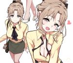  1girl black_skirt blush bra breasts brown_hair cleavage commentary commission heart highres ichikawa_hinana idolmaster idolmaster_shiny_colors mahjong_soul medium_breasts multiple_views office_lady ohgi910 pencil_skirt pixiv_commission red_bra shirt simple_background skirt smile underwear white_background yellow_shirt 