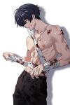  1boy abs bandaged_arm bandaged_torso bandages black_nails black_pants black_shirt blood blood_on_arm blood_on_stomach collarbone commentary cowboy_shot english_commentary highres indie_virtual_youtuber jae_(vtuber) jewelry ma_mori74 male_focus necklace nipples pants pectorals shirt simple_background solo toned toned_male topless_male virtual_youtuber white_background 