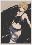  1girl absurdres aya_brea bare_arms black_shirt blonde_hair blue_pants breasts cleavage collarbone grey_eyes highres looking_at_viewer medium_breasts midriff navel pants parasite_eve_(series) parted_lips shirt short_hair signature sleeveless sleeveless_shirt solo standing stomach torn_clothes torn_pants torn_shirt tyanoki 