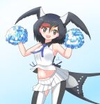  1girl absurdres bare_shoulders barn_swallow_(kemono_friends) black_hair black_pantyhose black_shirt blonde_hair blue_necktie blush brown_eyes collared_shirt cowboy_shot hair_between_eyes highres kemono_friends kemono_friends_3 looking_at_viewer midriff_peek multicolored_hair navel necktie nokemono-san_(bocchi_friend) open_mouth pantyhose pleated_skirt pom_pom_(cheerleading) red_hair shirt short_hair sidelocks skirt sleeveless smile solo two-tone_pantyhose two-tone_shirt white_pantyhose white_shirt white_skirt 