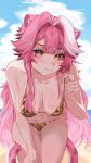  1girl amattoart animal_ears artist_name bare_shoulders beach bikini blue_sky blush breasts closed_mouth collarbone commentary day english_commentary hair_intakes highres holding_strap hololive hololive_english large_breasts long_hair multicolored_hair navel ocean outdoors panther_ears panther_girl panther_tail patreon_username pink_hair pixiv_username raora_panthera sand sky solo stomach streaked_hair sweat swimsuit tail thigh_gap thighs twitter_username virtual_youtuber watermark yellow_bikini yellow_eyes 