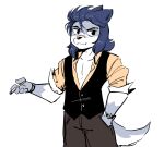 2025 5_fingers anaugi anthro bandage bandage_on_face bandage_on_nose blue_body blue_fur blue_hair bottomwear canid canine canis cigarette clock clothed clothing collared_shirt domestic_dog dress_shirt eyebrow_slit eyebrows fingers fur hair hi_res holding_cigarette holding_object male mammal open_clothing open_shirt open_topwear pants pecs rolled_up_sleeves shirt solo tail topwear vest watch yerah_(anaugi)