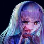  1girl black_background blood blood_on_face blood_on_hands cropped_shoulders eyelashes fate/grand_order fate_(series) finger_to_mouth hair_ornament hairclip highres irobidsw long_hair looking_at_viewer melusine_(fate) melusine_(second_ascension)_(fate) sidelocks simple_background solo white_hair wiping_blood yellow_eyes 