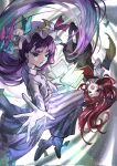  aokihatoba_01 bat_wings bow commentary_request corrupted_twitter_file crescent crescent_hat_ornament dress hair_bow hat hat_ornament head_wings highres koakuma light_particles long_hair long_sleeves mob_cap moon_hat_ornament multiple_wings patchouli_knowledge purple_dress purple_hair red_hair striped_clothes striped_dress touhou vertical-striped_clothes vertical-striped_dress white_hat wings 