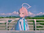  1girl absurdres ahoge blue_archive blue_eyes blue_necktie closed_mouth cloud cloudy_sky field hair_between_eyes heterochromia highres hoshino_(blue_archive) id_card long_hair looking_to_the_side medamayaki27760 necktie pink_hair shirt sky solo upper_body white_shirt yellow_eyes 