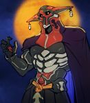  abs absurdres armor cape english_commentary full_moon glowing glowing_eyes grahf hand_up highres mecha moon night outdoors red_eyes robot sketch standing vhkaneweer xenogears 