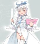 1girl ajitarou_(setsu) blue_necktie book chalkboard coat emil_chronicle_online hat holding holding_book holding_rod kamishibaiya_iris leotard long_hair necktie open_mouth red_eyes rod thighhighs white_coat white_hair white_hat white_leotard white_thighhighs 