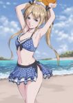  1girl absurdres arms_up ball bare_arms bare_legs beach bikini bikini_skirt black_ribbon blonde_hair blue_bikini blue_eyes breasts cleavage collarbone day dead_or_alive front-tie_top hair_ribbon highres layered_bikini layered_skirt marie_rose navel outdoors pleated_skirt polka_dot polka_dot_bikini ribbon side-tie_bikini_bottom skirt small_breasts solo summer swimsuit twintails tyanoki volleyball_(object) white_polka_dots 