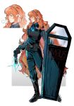  1girl black_boots blue_jacket boots bow full_body gun hair_bow highres holding holding_gun holding_weapon ishmael_(project_moon) jacket lccb_(identity)_(project_moon) limbus_company long_hair multiple_views orange_hair project_moon riot_shield shield shirt standing very_long_hair weapon white_background white_bow wrong5166 