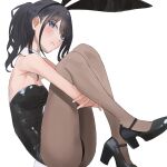  1girl absurdres animal_ears bare_shoulders black_hair black_leotard black_pantyhose blush breasts closed_mouth collarbone detached_collar fake_animal_ears high_heels highres idolmaster idolmaster_shiny_colors kazano_hiori leotard long_hair looking_at_viewer mole mole_under_mouth pantyhose playboy_bunny ponytail rabbit_ears simple_background solo strapless strapless_leotard umirororo white_background 