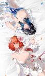  2girls absurdres ahoge arm_up armpits bare_shoulders bed_sheet black_hair blonde_hair blue_eyes blue_gemstone blue_hair blush bow bowtie breasts bridal_veil cleavage closed_mouth clothing_cutout collarbone commentary covered_navel cowboy_shot detached_collar detached_sleeves dress flower gem gloves hair_between_eyes hair_flower hair_ornament highres jewelry katya_klein large_breasts looking_at_viewer low_neckline lying multicolored_hair multiple_girls navel navel_cutout necklace official_alternate_costume on_back parted_lips red_hair revealing_clothes see-through_clothes see-through_sleeves shadow sidelocks smile snowbreak:_containment_zone strapless strapless_dress streaked_hair symbol-only_commentary tess_kotkin veil wedding_dress white_bow white_bowtie white_dress white_gloves white_sleeves x_am 