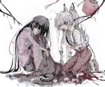  2girls black_hair blood blood_on_arm blood_on_clothes blood_on_face blood_on_ground bow branch brown_skirt expressionless frills from_side fujiwara_no_mokou full_body hair_bow hair_ribbon highres hime_cut houraisan_kaguya lantern long_hair looking_at_viewer multiple_girls nosebleed one_eye_closed open_mouth pants paper_lantern pink_shirt ponytail red_eyes red_pants ribbon sesmkun shirt skirt smile touhou very_long_hair white_background white_hair white_shirt 