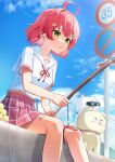  35p_(sakura_miko) absurdres bandaid bandaid_on_leg blue_sky cat_hair_ornament chestnut_mouth day fishing fishing_rod green_eyes hair_ornament hairclip highres holding holding_fishing_rod hololive light_blush looking_ahead midriff_peek outdoors parallel_hairclips pink_hair pink_skirt road_sign sailor_collar sakura_miko sakura_miko_(school_uniform) shiotsuke_sasami shirt short_hair sign sitting skirt sky thigh_strap white_sailor_collar white_shirt 